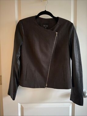 Asymmetrical Zip Black Wool-Blend Jacket with Leather Sleeves